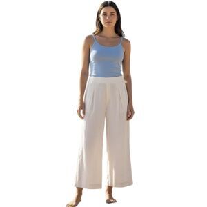 Halara Pants Womens XL White Pleated Wide Leg Cropped Elastic Waist Pockets